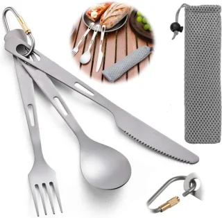 Driedelige titanium bestekset met lepel, spork en mes