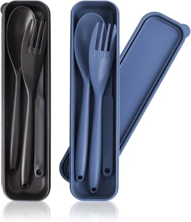 Duurzaam reisbestek set, donkerblauw en zwart