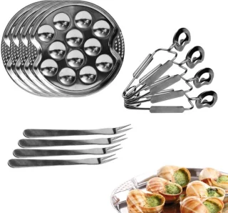 Escargot set 12-delig voor 4 personen – rvs slakkenborden Ø19 cm met tangen en vorkjes – zilver