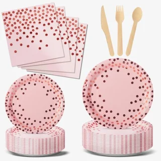 Feestservies set roze en roségoud, 144-delig voor kinderfeesten