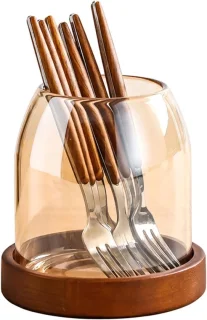Glazenhouder met houten voet, vork- en lepelset, houten handvat, bestekbak voor in de keuken, voor afternoon tea, ijs, cake, roestvrij staal (amberkleurige glazen vork)