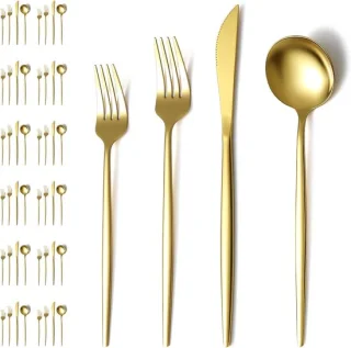 Gouden bestekset van 48 stukken voor 12 personen, roestvrij staal met titaniumcoating