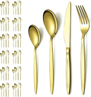 Gouden bestekset van 48 stukken voor 12 personen, roestvrij staal