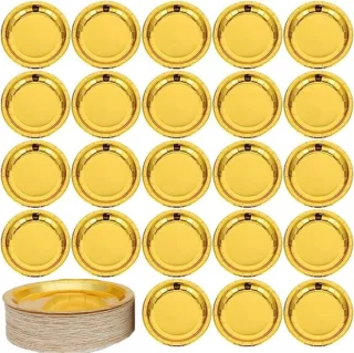 Gouden Kartonnen Dessertborden & Plastic Bestek - Feestaccessoires