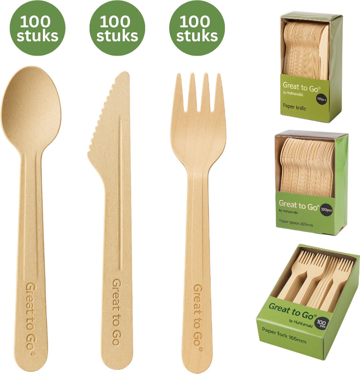 De Great to Go Houten Wegwerp Bestek Set 300-delig in één oogopslag