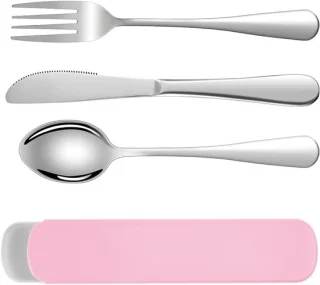 Herbruikbare campingbestekset, 3-delig RVS bestek met plastic doos - roze