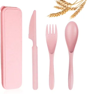 Herbruikbare reisbestekset tarwestro roze met koffer