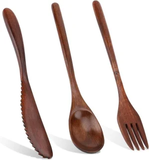 Houten bestekset 3-delig (mes, vork en lepel)