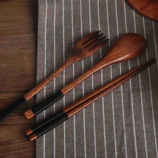 Houten bestekset 3-delig met lepels, vorken en eetstokjes - Draagbaar