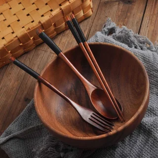 Houten bestekset 3-delig met lepels, vorken en eetstokjes - Draagbaar