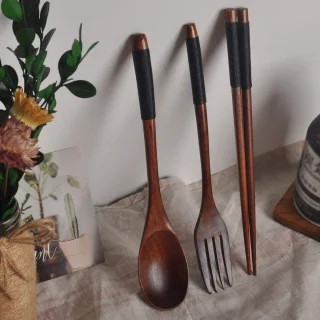 Houten bestekset 3-delig met lepels, vorken en eetstokjes - Draagbaar