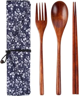 Houten bestekset van 3 stukken, Japanse stijl eetstokjes, vork en lepel