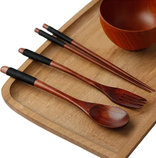 Houten Bestekset Vintage - Vork, Lepel en Eetstokjes