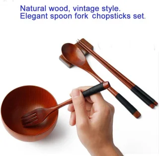 Houten Bestekset Vintage - Vork, Lepel en Eetstokjes