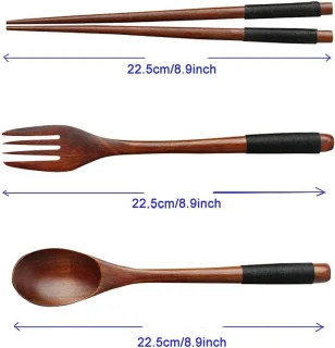 Houten Bestekset Vintage - Vork, Lepel en Eetstokjes