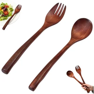 Houten lepel- en vorkenset met lange steel