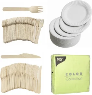 Houten Wegwerp Bestek Set 400-delig met Borden en Lime Servetten