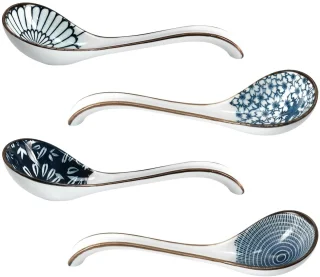 Ibenzoa Japanse keramische soeplepels set van 4 wit blauw