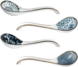 Ibenzoa Japanse keramische soeplepels set van 4 wit blauw