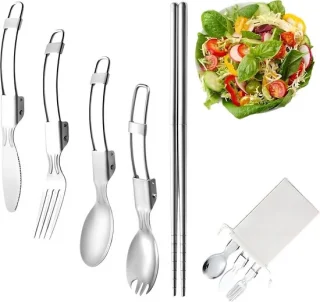 Inklapbare vorken en lepelset - campingbestek - zilver - 5 stuks