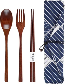 Japanse stijl servies set met vork, lepel en eetstokje, inclusief draagtas