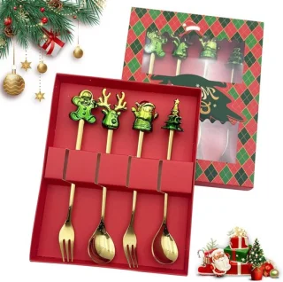 Kerst bestek set van 4 stuks - rvs dessertlepels en koffielepels