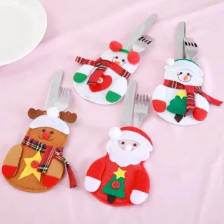 Kerst Bestekhouder Set 4 Stuks - Rendier, Kerstman, Sneeuwpop