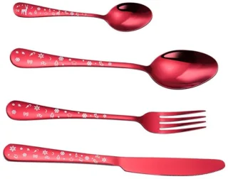 Kerst bestekset - 4-delig - rood met kerstmotief