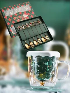 Kerstbestek Goud lepels set met dubbelwandig glas en deksel