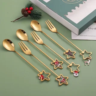 Kerstbestek Goud lepels set met dubbelwandig glas en deksel