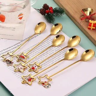 Kerstbestek Goud lepels set met dubbelwandig glas en deksel