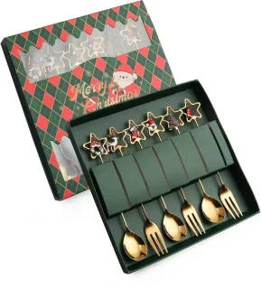 Kerstbestek Goud lepels set met dubbelwandig glas en deksel