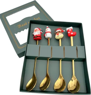 Kerstbestek Set 4 Dessertlepels Goud met Kerstdecoratie