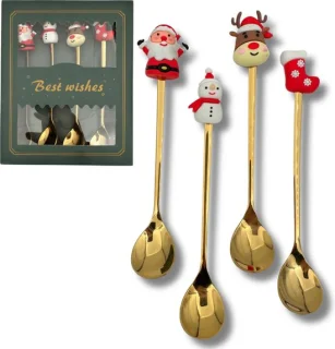 Kerstbestek Set 4 Dessertlepels Goud met Kerstdecoratie