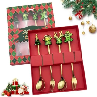 Kerstbestek set goud en groen, 4-delig roestvrij staal