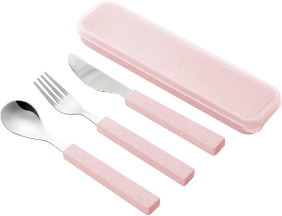Kinderbestekset RVS 3-delig met reisetui roze