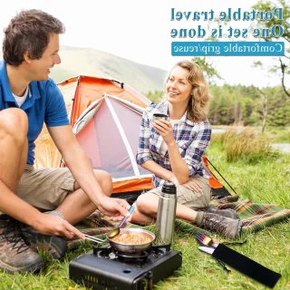 Kleurrijke Camping Bestekset met Mes, Vork en Lepel van Roestvrij Staal, Inclusief Zwarte Opbergtas, Ideaal voor Buitenactiviteiten, Kamperen en Reizen, Vaatwasmachinebestendig