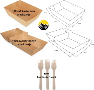 KURTT Kartonnen Snackbakjes A7 & A22 + Houten Vorken Set 100 stuks