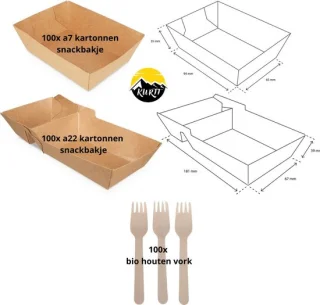 KURTT Kartonnen Snackbakjes A7 & A22 + Houten Vorken Set 100 stuks