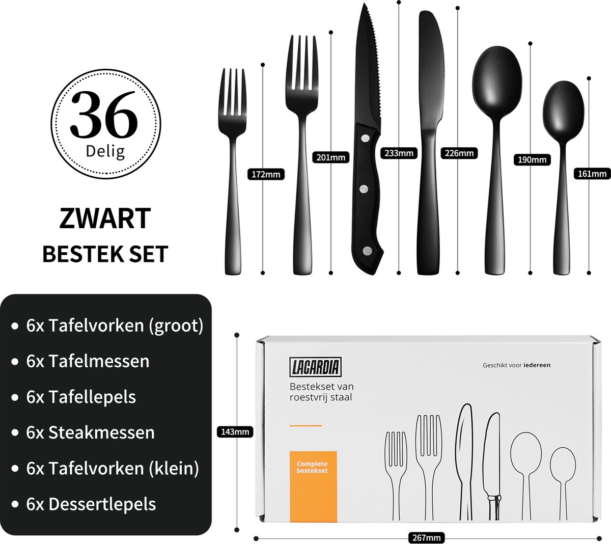 Wat vinden we goed aan de LaCardia 36-delig Bestekset 6 Personen Zwart/RVS