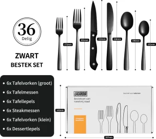 LaCardia 36-delig Bestekset 6 Personen Zwart/RVS