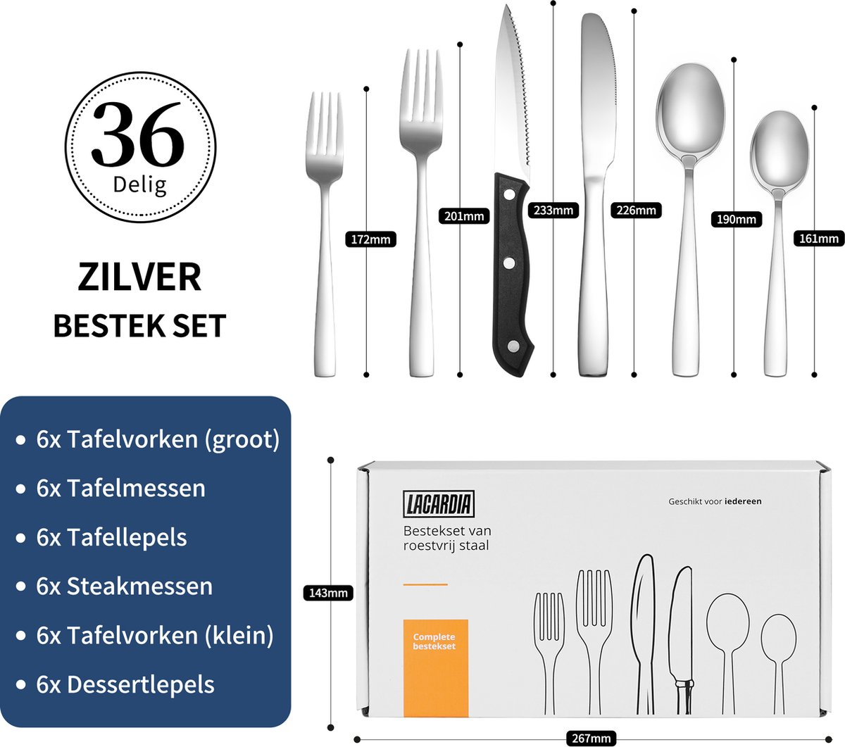 Wat vinden we goed aan de LaCardia 6 Persoons Bestekset 36-Delig Zilver/RVS