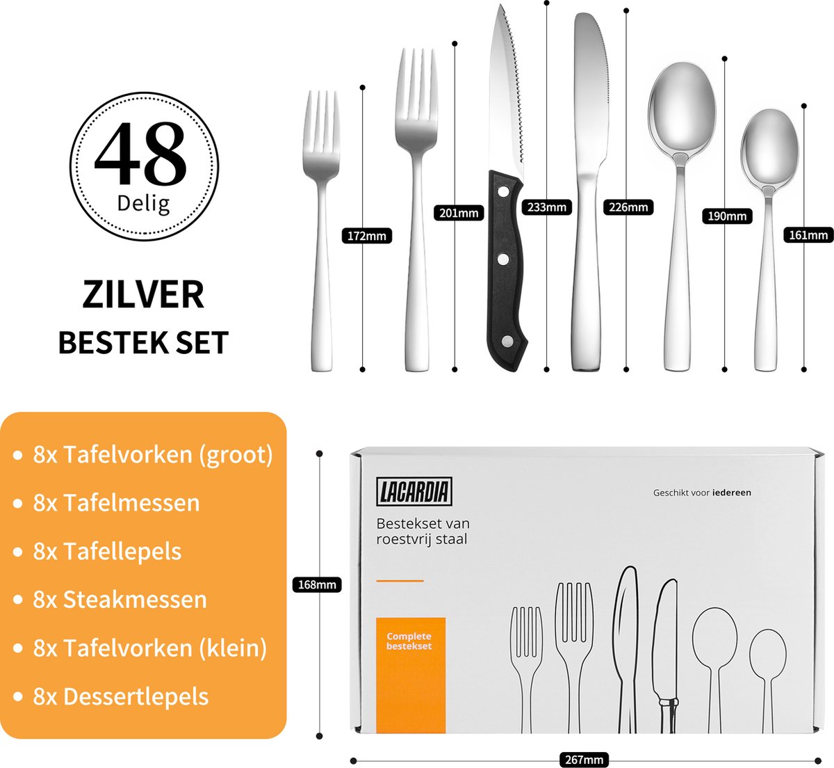 Wat vinden we goed aan de LaCardia 8-Persoons Bestekset 48-Delig RVS Zilver