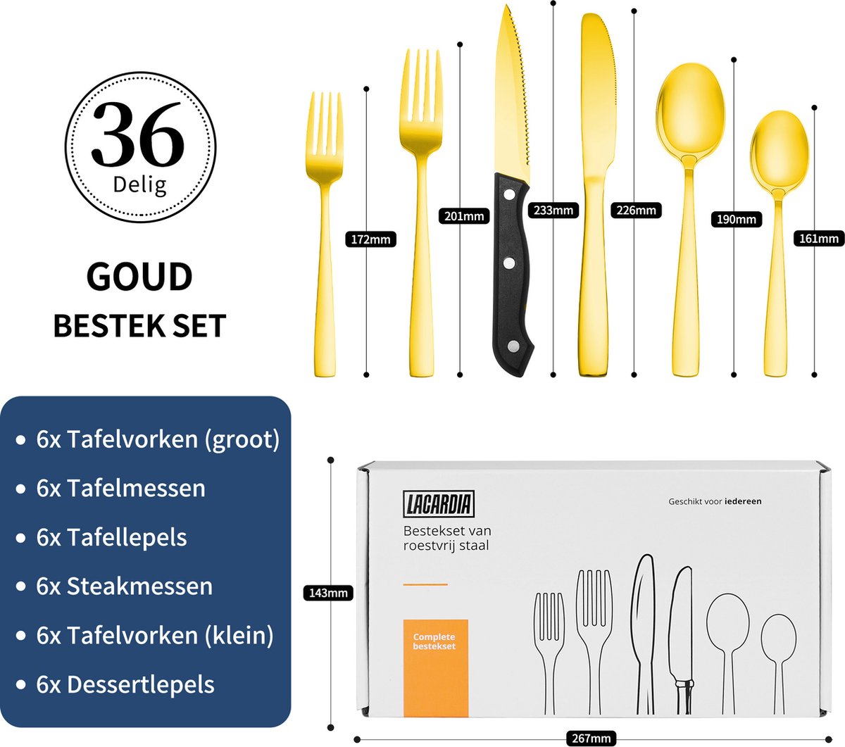 Wat vinden we goed aan de LaCardia Bestekset 36-Delig 6 Persoons Goud/RVS