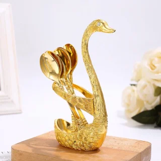 longziming Zwaanvormige Lepelhouder Set - Bestekhouder Vintage Goud