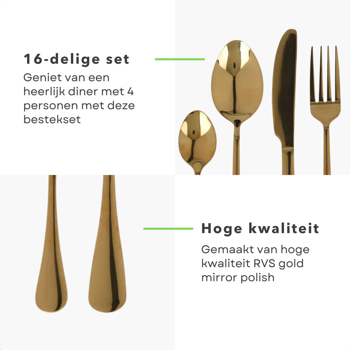 Luxe Gouden Bestekset 16-delig RVS Mirror Polish voor 4 Personen