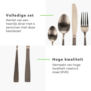 Luxe Mat Goud Bestekset RVS 16-delig voor 4 Personen