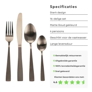 Luxe Mat Goud Bestekset RVS 16-delig voor 4 Personen