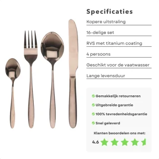 Luxe Titanium Koperkleurig Bestekset 16-delig voor 4 Personen