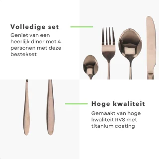 Luxe Titanium Koperkleurig Bestekset 16-delig voor 4 Personen